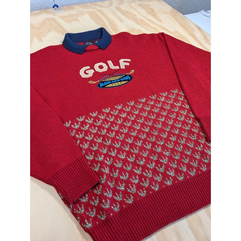 Vintag Golf Sweater Red Wool Blend Maui And Sons Collared Knit Size Large